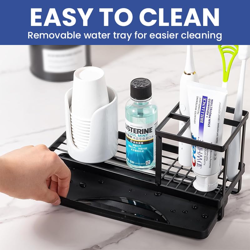 HASTHIP® Toothbrush Holder with Pull-Out Drip Tray, Water Cup Drain Organizer Rack for Bathroom, Modern Minimalist Metal Toiletries Stand, Multi-Grid Storage for Toothpaste & Cups, Durable, Black - Image 3