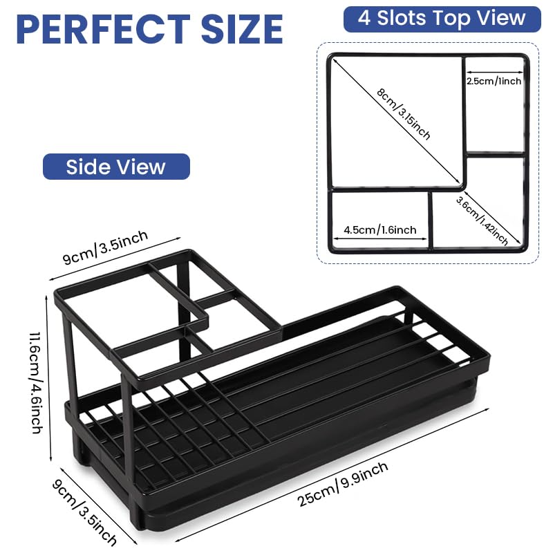 HASTHIP® Toothbrush Holder with Pull-Out Drip Tray, Water Cup Drain Organizer Rack for Bathroom, Modern Minimalist Metal Toiletries Stand, Multi-Grid Storage for Toothpaste & Cups, Durable, Black - Image 2