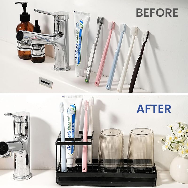 HASTHIP® Toothbrush Holder with Pull-Out Drip Tray, Water Cup Drain Organizer Rack for Bathroom, Modern Minimalist Metal Toiletries Stand, Multi-Grid Storage for Toothpaste & Cups, Durable, Black - Image 5
