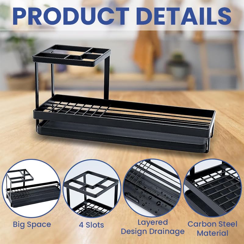 HASTHIP® Toothbrush Holder with Pull-Out Drip Tray, Water Cup Drain Organizer Rack for Bathroom, Modern Minimalist Metal Toiletries Stand, Multi-Grid Storage for Toothpaste & Cups, Durable, Black - Image 4