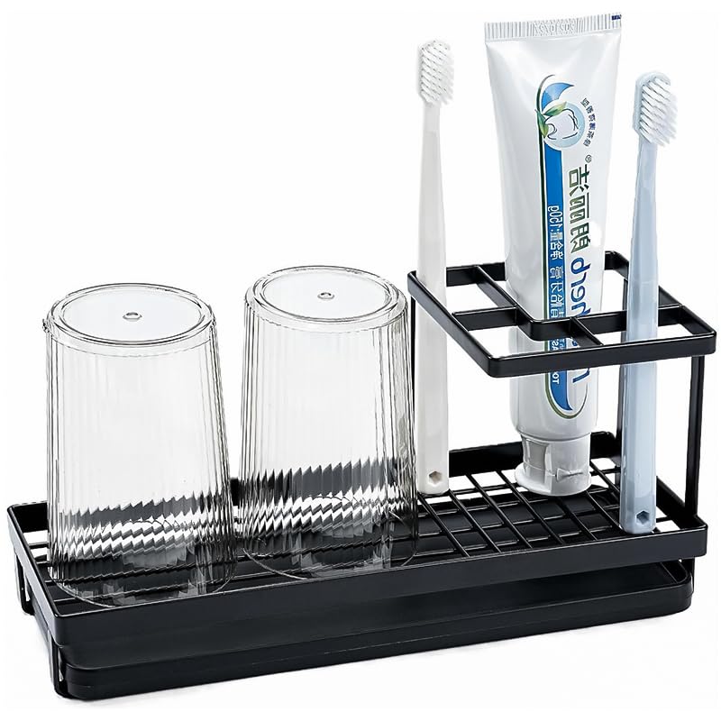 HASTHIP® Toothbrush Holder with Pull-Out Drip Tray, Water Cup Drain Organizer Rack for Bathroom, Modern Minimalist Metal Toiletries Stand, Multi-Grid Storage for Toothpaste & Cups, Durable, Black - Image 1