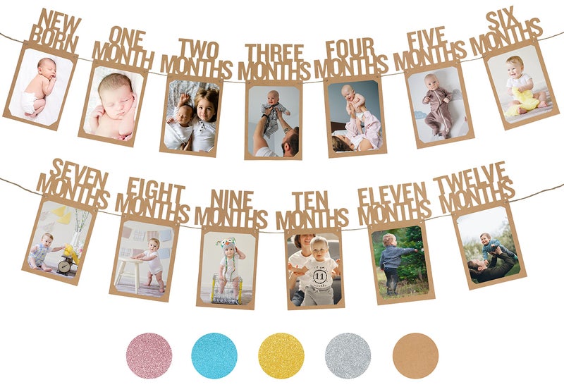 PartyHooman 1st Birthday Photo Banner for Baby from Newborn to 12 Months, First Birthday Decorations Boy or Girl Monthly Milestones Garland | 1 Year Old Photo Banner Pre-strung with Frame (Kraft) - Image 1