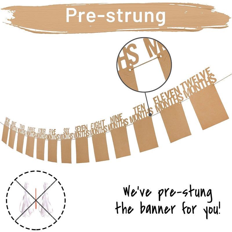 PartyHooman 1st Birthday Photo Banner for Baby from Newborn to 12 Months, First Birthday Decorations Boy or Girl Monthly Milestones Garland | 1 Year Old Photo Banner Pre-strung with Frame (Kraft) - Image 2