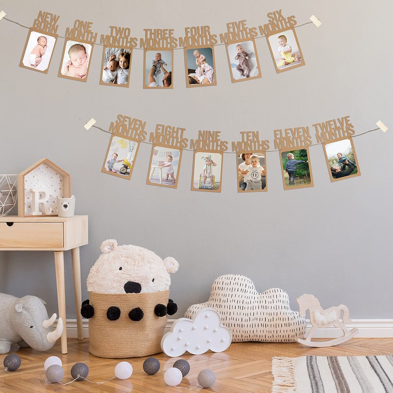 PartyHooman 1st Birthday Photo Banner for Baby from Newborn to 12 Months, First Birthday Decorations Boy or Girl Monthly Milestones Garland | 1 Year Old Photo Banner Pre-strung with Frame (Kraft) - Image 5