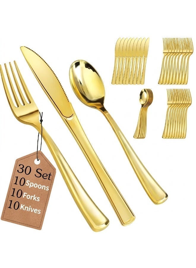 4basix Premium Golden Plastic Cutlery Set, 30 Pieces, Includes Spoons, Forks and Knives, Elegant Disposable Dining Tableware for Home Kitchen and Serving - Image 1
