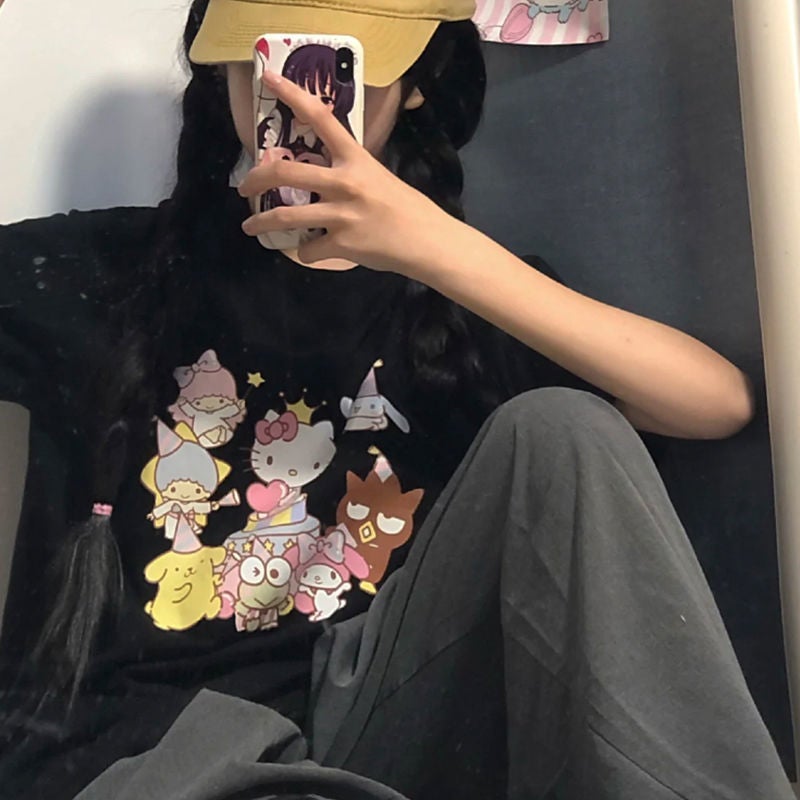 Japanese-Style Cartoon Print Pure Cotton Short-Sleeve T-Shirt For Women, 2026 Summer Versatile Loose Fit, Trendy Cute Half-Sleeve Top For Girls - Image 2