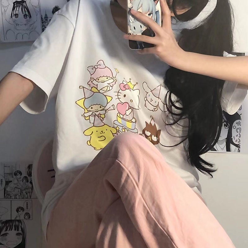Japanese-Style Cartoon Print Pure Cotton Short-Sleeve T-Shirt For Women, 2026 Summer Versatile Loose Fit, Trendy Cute Half-Sleeve Top For Girls - Image 3
