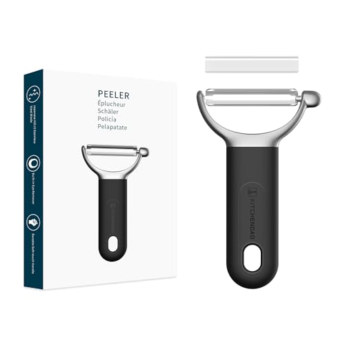 KITCHENDAO Swivel Vegetable Potato Peeler for Kitchen Japanese Stainless Steel Sharp Blade Heavy Duty Diecast Construction Y Peeler Builtin Eye Remover Softtouch Handle Dishwasher Safe Black - Image 1