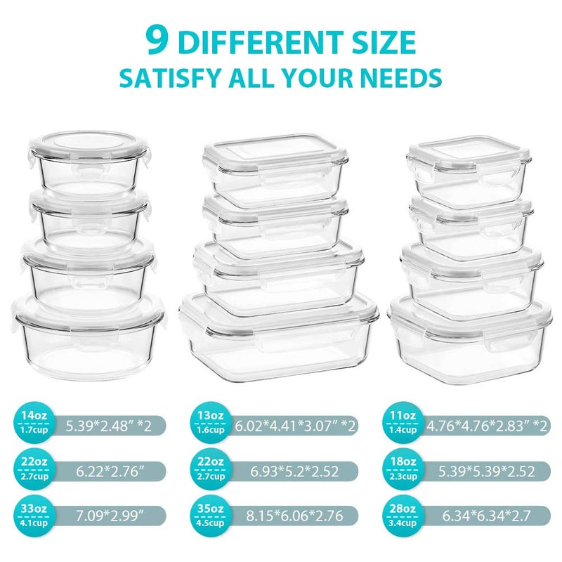 Bayco Glass Food Storage Containers, [24 Piece] Airtight Meal Prep Bento Boxes, Leak Proof (12 lids & 12 Containers) - White - Image 2