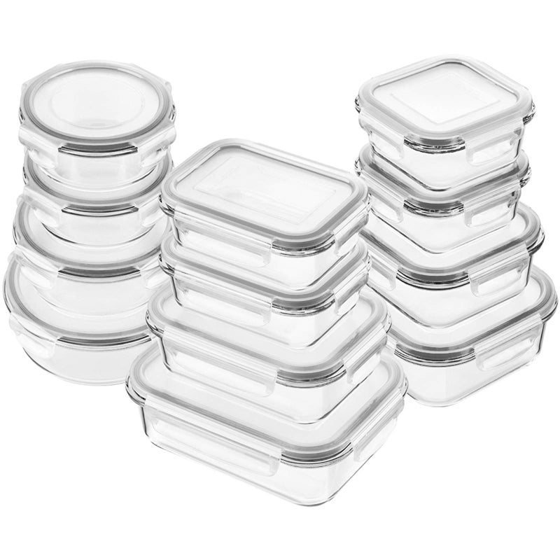 Bayco Glass Food Storage Containers, [24 Piece] Airtight Meal Prep Bento Boxes, Leak Proof (12 lids & 12 Containers) - White - Image 1