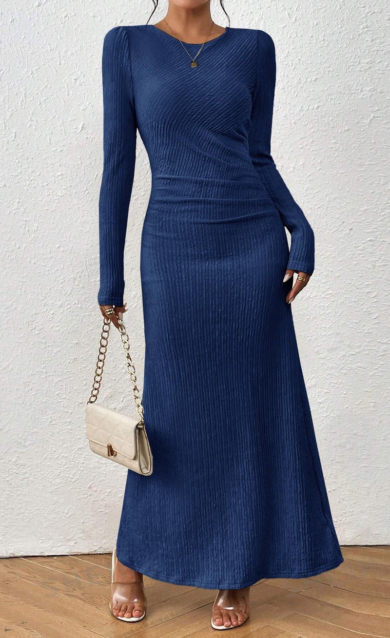 MITILLY Fall Long Sleeve Formal Wedding Guest Dress Elegant Ruched Bodycon Maxi Dress Medium Dark Blue - Image 2