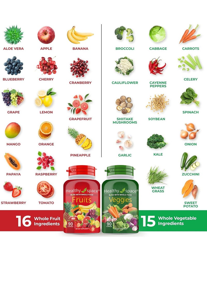 سبيس مكملات الفواكه والخضروات - مكونات فواكه وخضروات كاملة للرجال والنساء والأطفال - 90 كبسولة فواكه، 90 كبسولة خضروات - Image 2