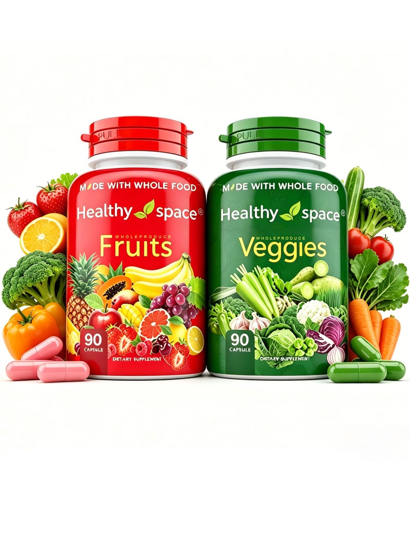 سبيس مكملات الفواكه والخضروات - مكونات فواكه وخضروات كاملة للرجال والنساء والأطفال - 90 كبسولة فواكه، 90 كبسولة خضروات - Image 1