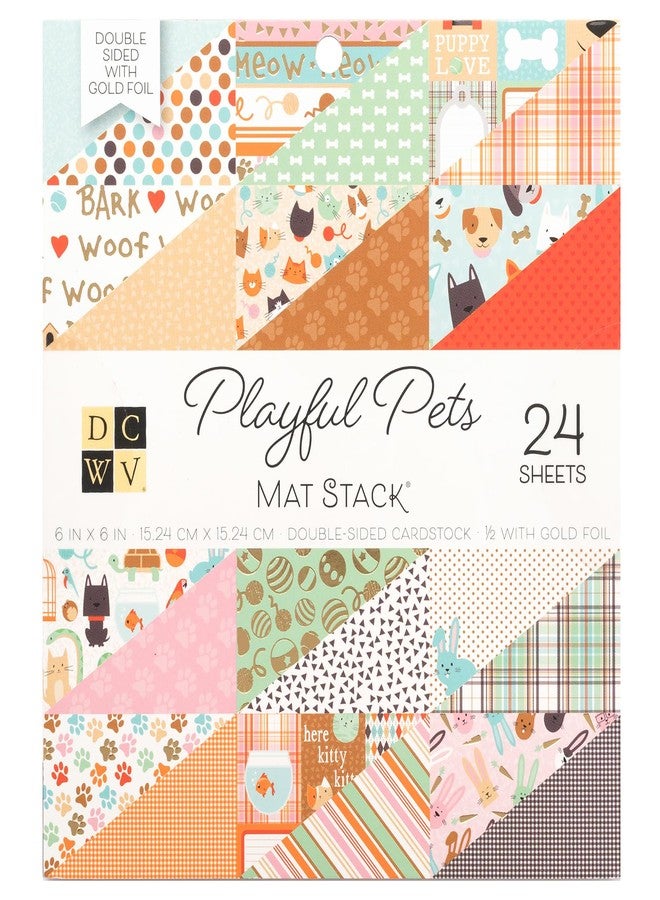 DCWV Printed Cardstock Paper 6x6, 24 Sheets of Scrapbook Paper for Crafts and Card Making, Double Sided Heavy Duty Cardstock with Foil Accents - Playful Pets - Image 1