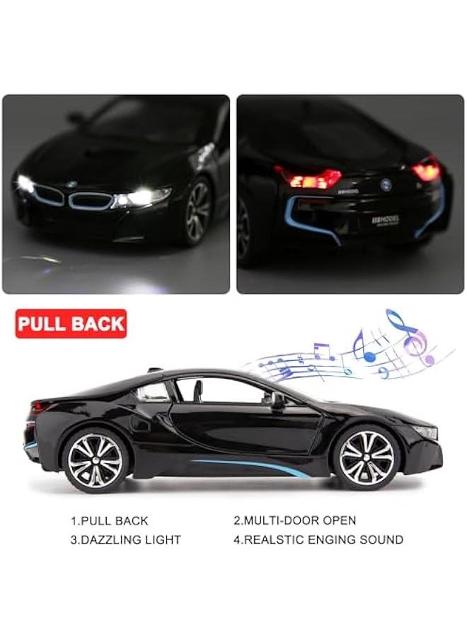 Generic - 1/24 I8 Model Car, Zinc Alloy Pull Back Toy car with Sound and Light for Kids Boy Girl Gift (Black) - Image 1