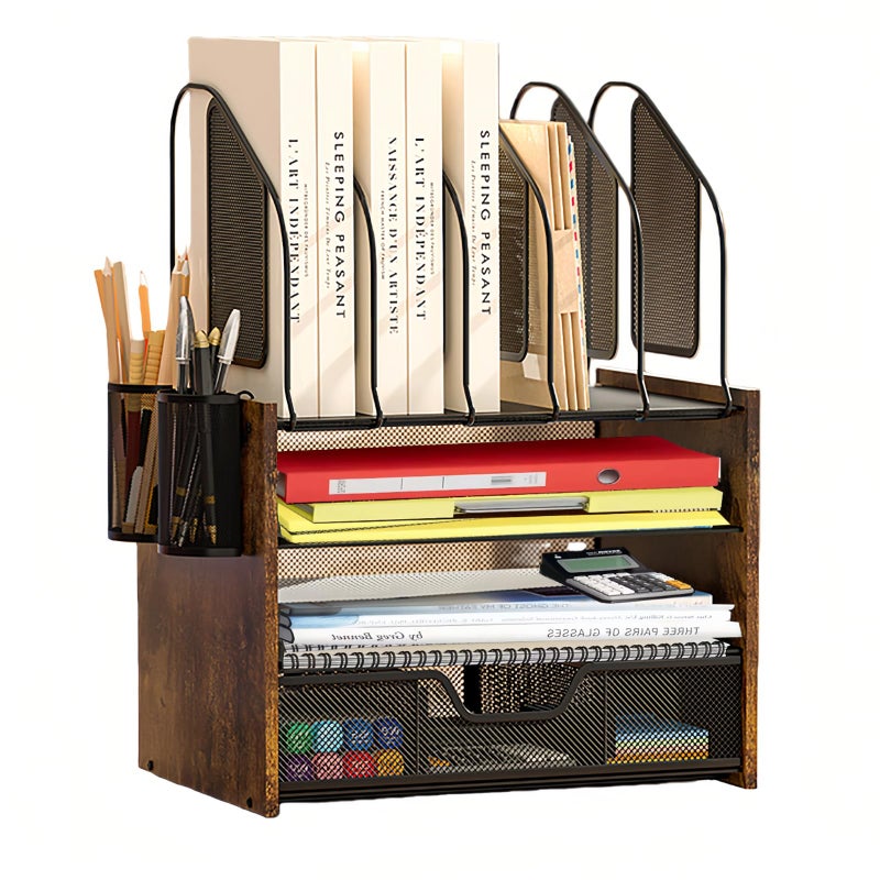 Boershun Wood Desk Organizer - 4-Tier Desktop File Organizer with Drawer, Wooden Paper Tray, Vertical File Holders & 2 Pencil Holders - Office Desk Organizer for Papers, Mail, Notebooks, Stationery - Image 1