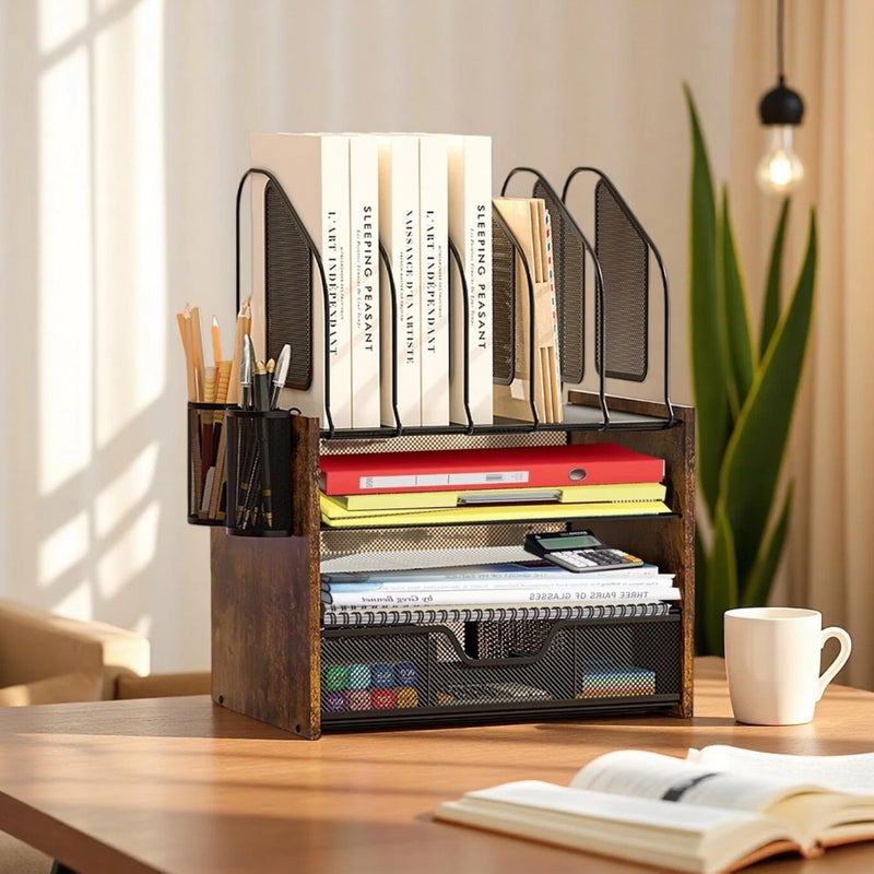Boershun Wood Desk Organizer - 4-Tier Desktop File Organizer with Drawer, Wooden Paper Tray, Vertical File Holders & 2 Pencil Holders - Office Desk Organizer for Papers, Mail, Notebooks, Stationery - Image 5