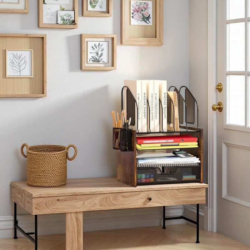 Boershun Wood Desk Organizer - 4-Tier Desktop File Organizer with Drawer, Wooden Paper Tray, Vertical File Holders & 2 Pencil Holders - Office Desk Organizer for Papers, Mail, Notebooks, Stationery - Image 4