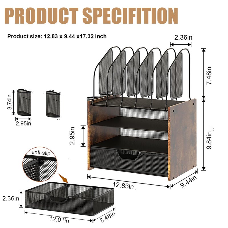 Boershun Wood Desk Organizer - 4-Tier Desktop File Organizer with Drawer, Wooden Paper Tray, Vertical File Holders & 2 Pencil Holders - Office Desk Organizer for Papers, Mail, Notebooks, Stationery - Image 2