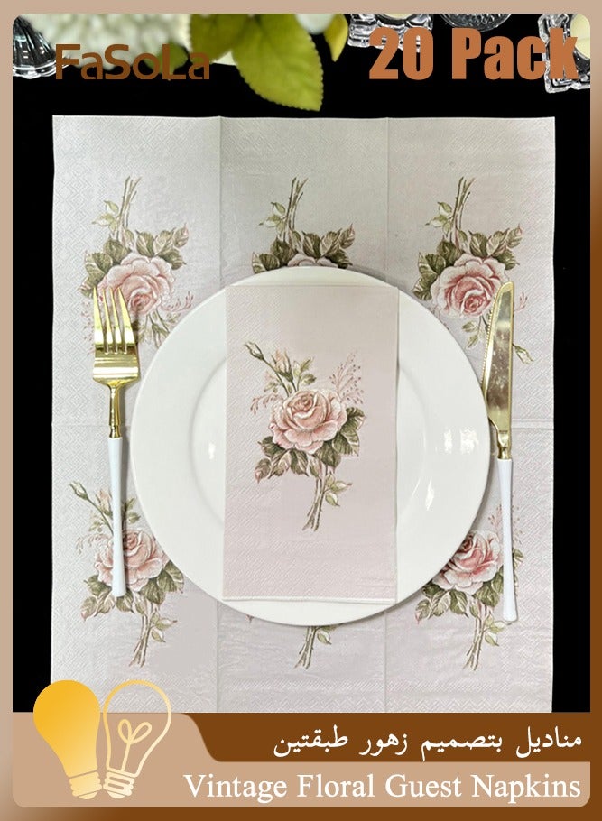 Fasola 20Pcs Vintage Floral Guest Napkins - 2-Ply Guest Disposable Hand Towels for Bathroom, Wedding, Bridal Shower, Tea Party, Garden Party, Birthday Party - Image 1