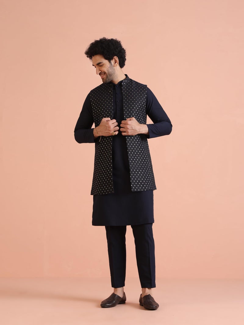 KISAH Men's Kurta Jacket Trouser Set, Navy blue Cotton Blend, Woven Design Mandarin Collar Regular Fit Long Sleeves (XL) - Image 2