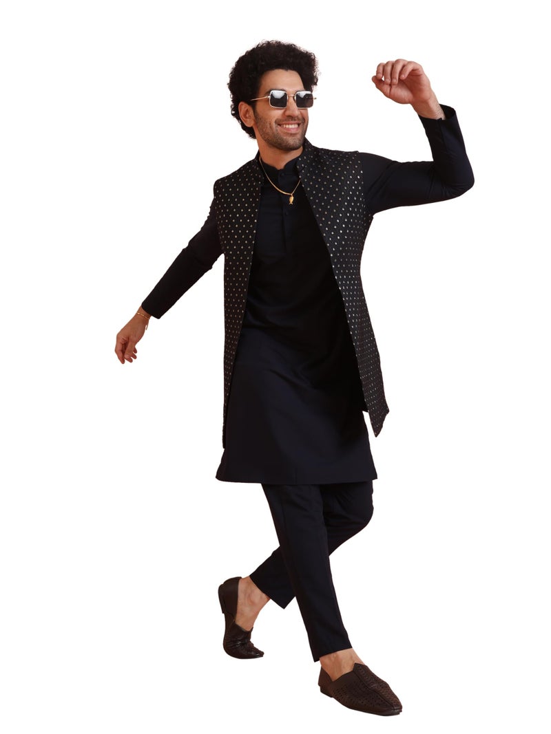 KISAH Men's Kurta Jacket Trouser Set, Navy blue Cotton Blend, Woven Design Mandarin Collar Regular Fit Long Sleeves (XL) - Image 1