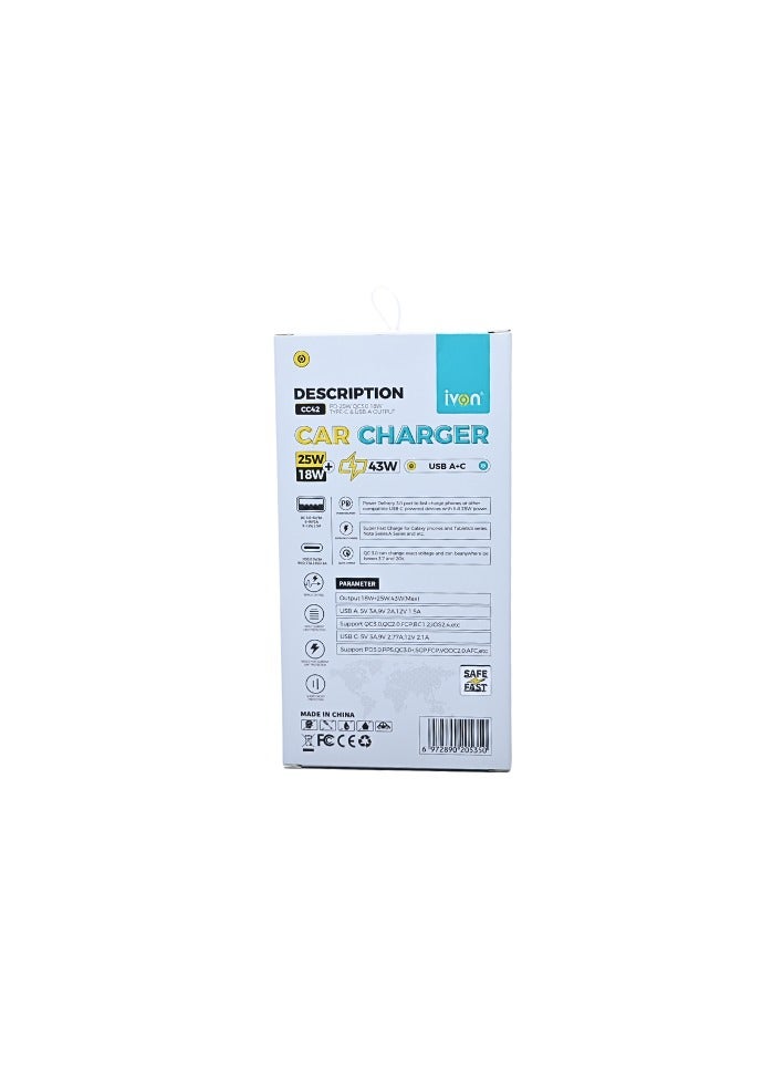 Ivon 43W Car Charger - USB-A & USB-C Fast Charging Adapter for Car, Quick Charger for Smartphones & Tablets (Model CC42) PD-25W QC3.0 18 - Image 2