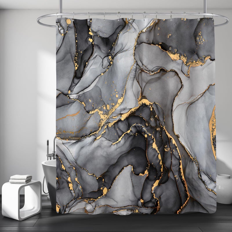 BayNook Black Grey Marble Shower Curtain, Modern Abstract Dark Fabric Shower Curtain for Bathroom, Luxury Art Decor Black Gold Ink Texture Watercolor Shower Curtain Set with Hooks 72x72 - Image 1
