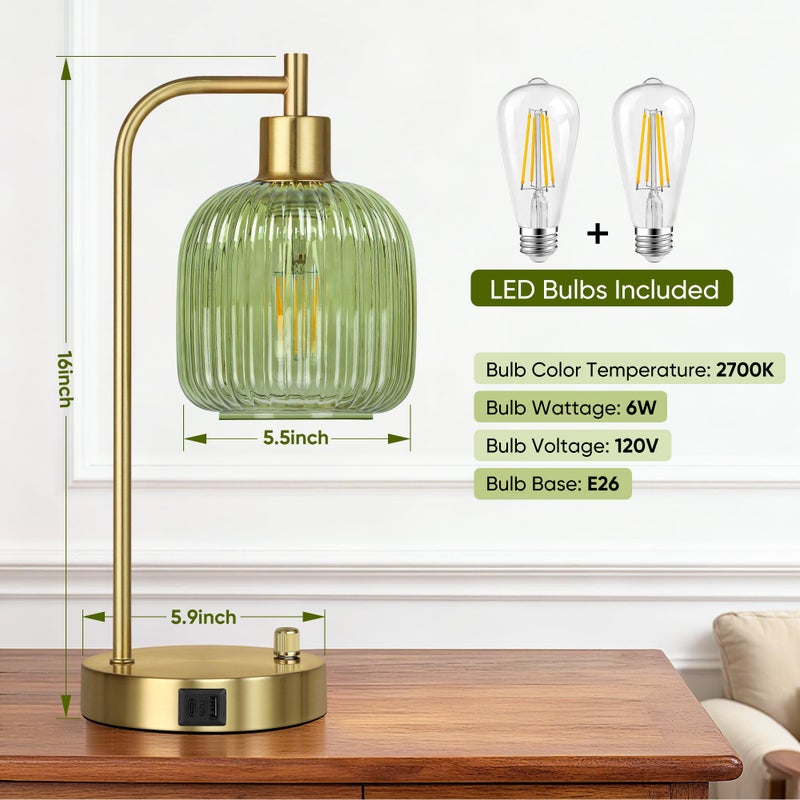 QiMH Industrial Table Lamp for Bedroom Set of 2, Green Glass Beside Lamp with USB A&C Ports, Stepless Dimmable Gold Lamps, Nightstand Lamps for Living Room, Office, Home Decor(Bulb Included) - Image 1