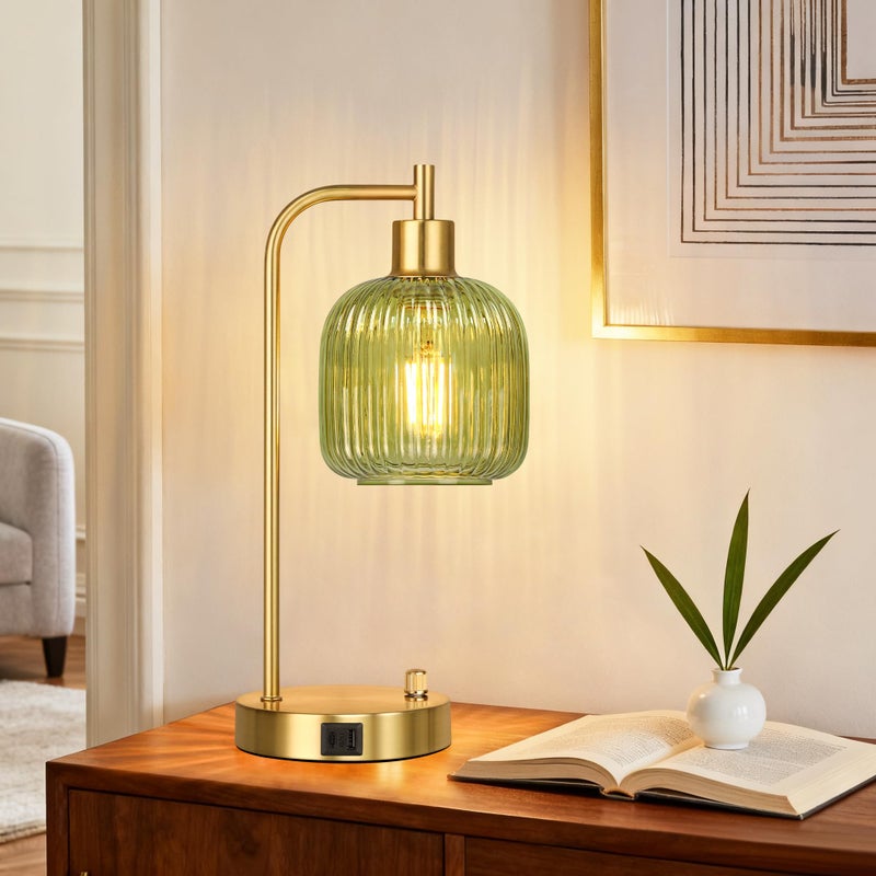 QiMH Industrial Table Lamp for Bedroom Set of 2, Green Glass Beside Lamp with USB A&C Ports, Stepless Dimmable Gold Lamps, Nightstand Lamps for Living Room, Office, Home Decor(Bulb Included) - Image 5