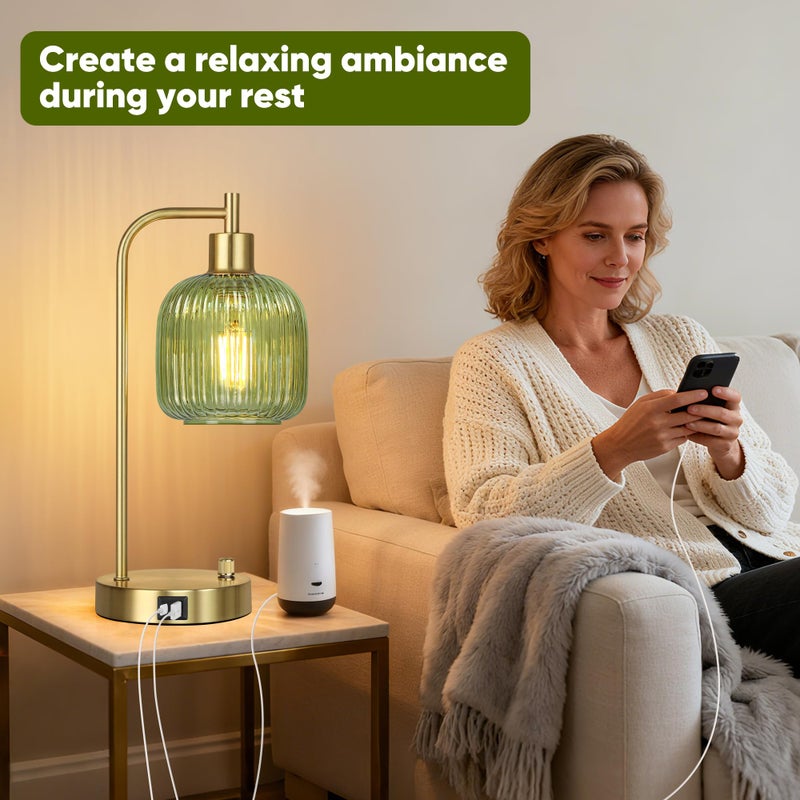 QiMH Industrial Table Lamp for Bedroom Set of 2, Green Glass Beside Lamp with USB A&C Ports, Stepless Dimmable Gold Lamps, Nightstand Lamps for Living Room, Office, Home Decor(Bulb Included) - Image 4