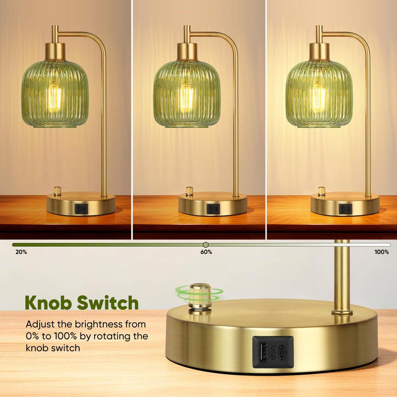 QiMH Industrial Table Lamp for Bedroom Set of 2, Green Glass Beside Lamp with USB A&C Ports, Stepless Dimmable Gold Lamps, Nightstand Lamps for Living Room, Office, Home Decor(Bulb Included) - Image 2