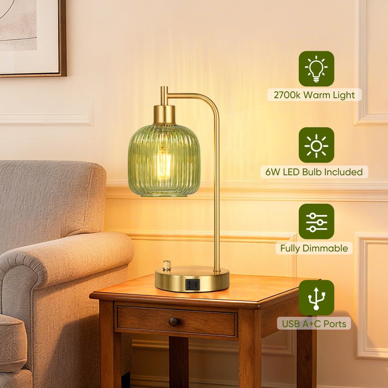 QiMH Industrial Table Lamp for Bedroom Set of 2, Green Glass Beside Lamp with USB A&C Ports, Stepless Dimmable Gold Lamps, Nightstand Lamps for Living Room, Office, Home Decor(Bulb Included) - Image 3