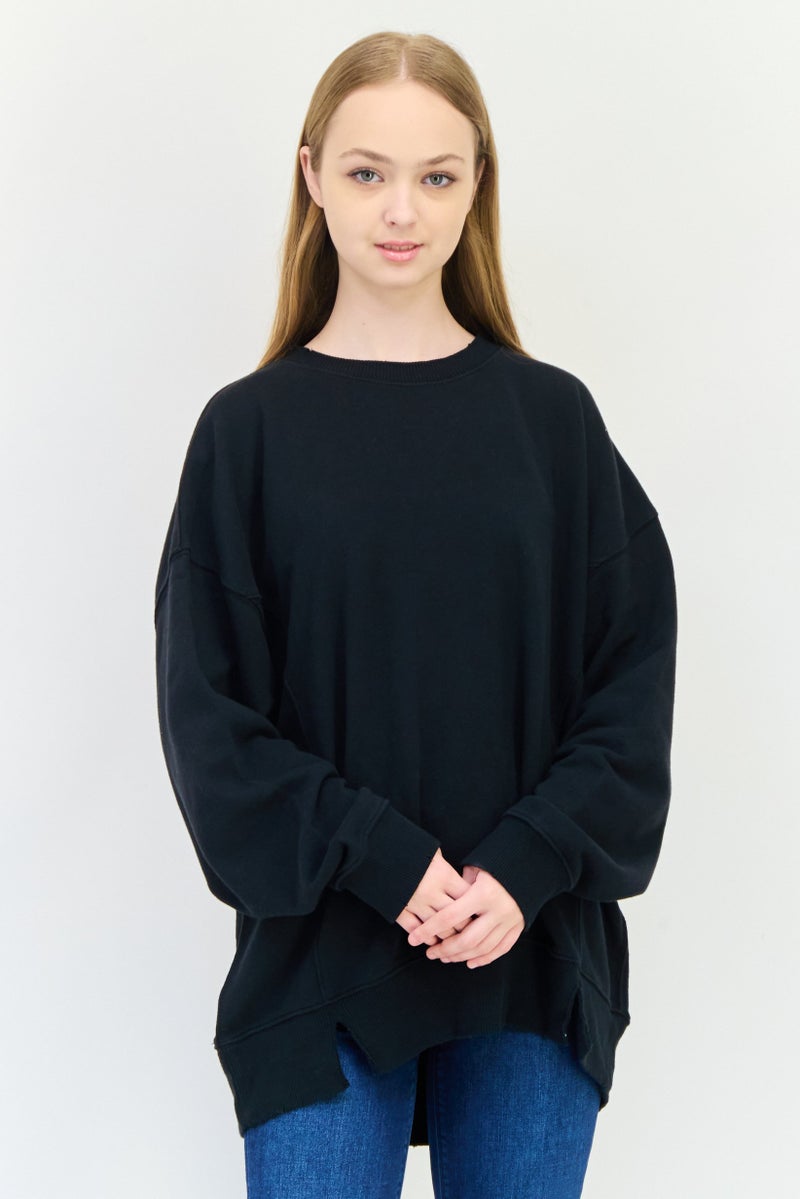 Aerie Women Crew Neck Solid Sweaters, Black - Image 1