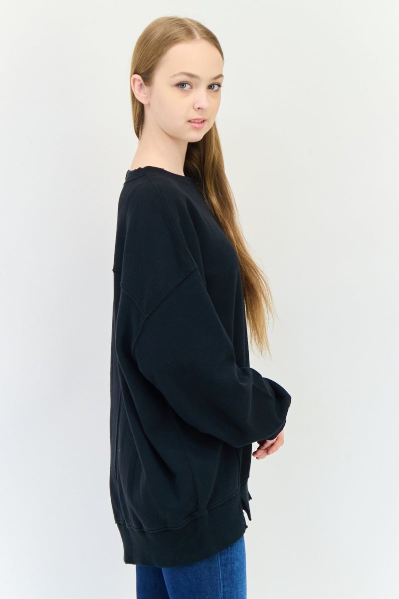 Aerie Women Crew Neck Solid Sweaters, Black - Image 4