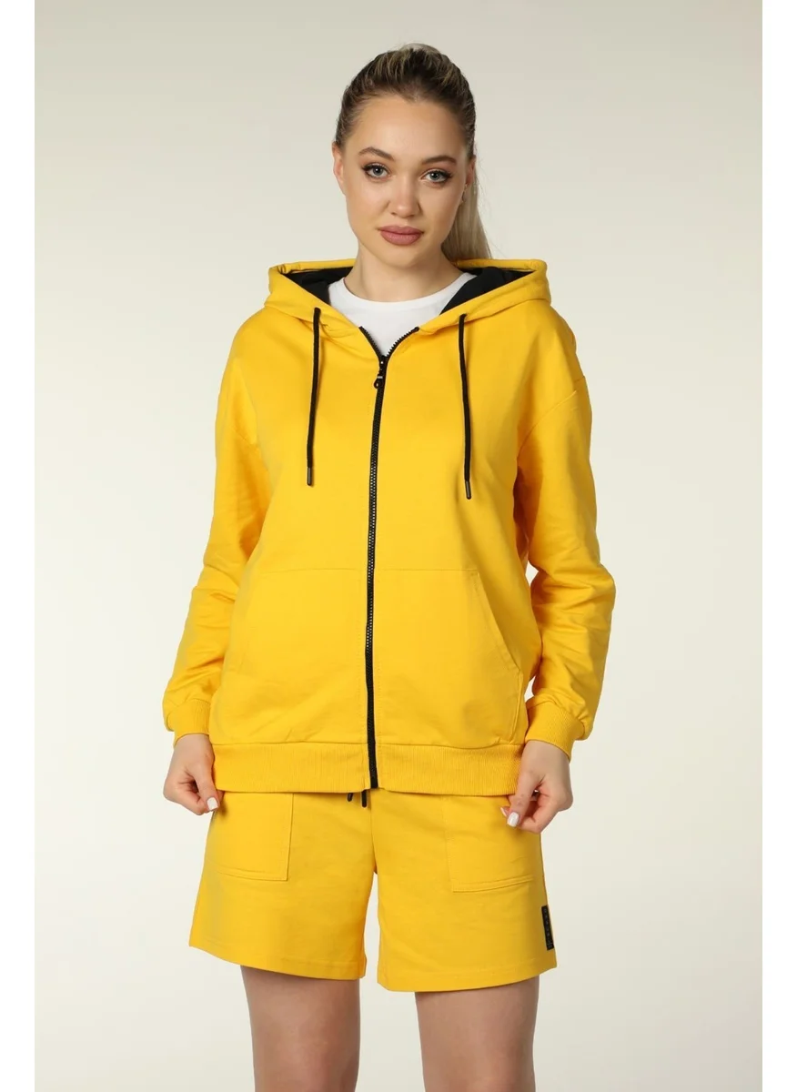 Defy's Women's Hooded Zippered Oversize Sweatshirt Yellow