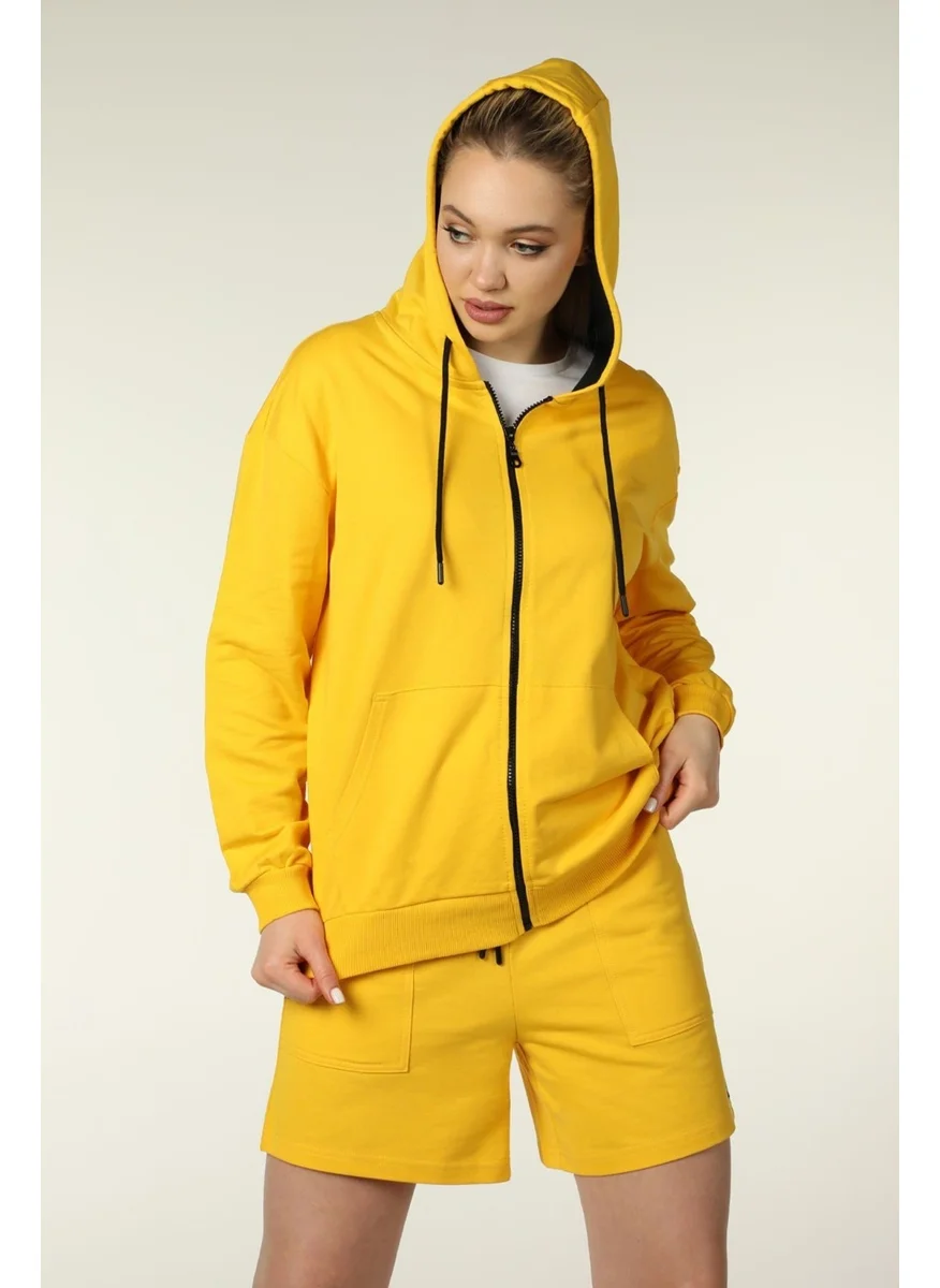 Defy's Women's Hooded Zippered Oversize Sweatshirt Yellow