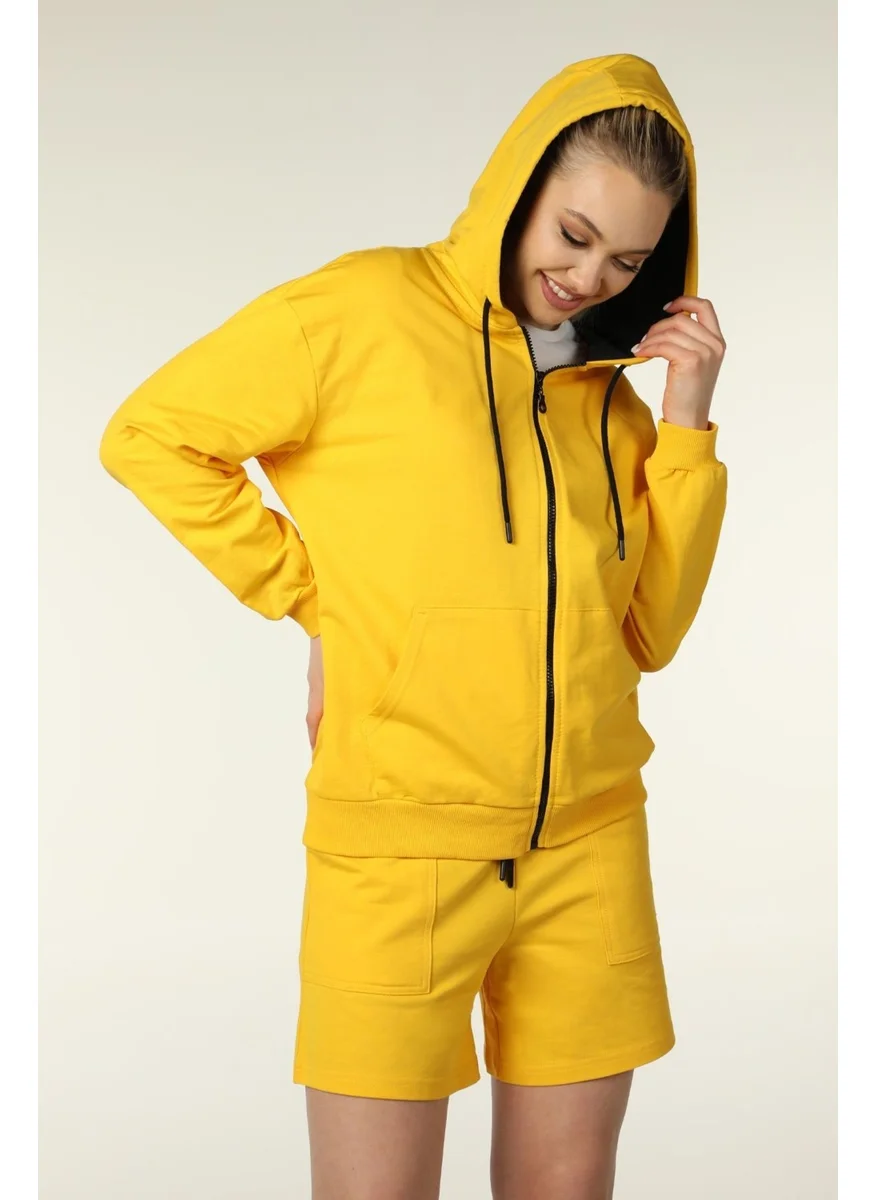 Defy's Women's Hooded Zippered Oversize Sweatshirt Yellow