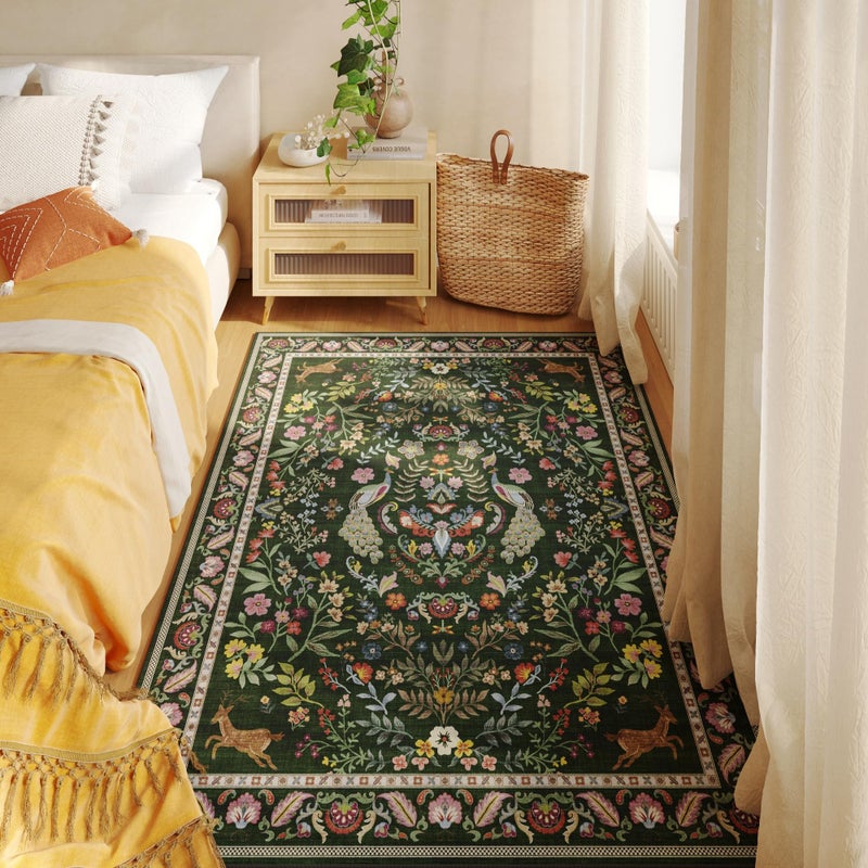 Rugcomf 3x5 Rug Washable Area Rug Floral Office Rug Non Slip Small Carpet for Bedroom, Bedside, Kitchen, Entryway, Kids Room, Office (Emerald Green) - Image 2