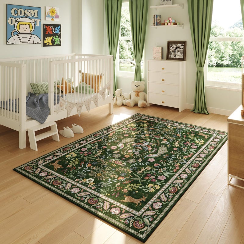 Rugcomf 3x5 Rug Washable Area Rug Floral Office Rug Non Slip Small Carpet for Bedroom, Bedside, Kitchen, Entryway, Kids Room, Office (Emerald Green) - Image 1
