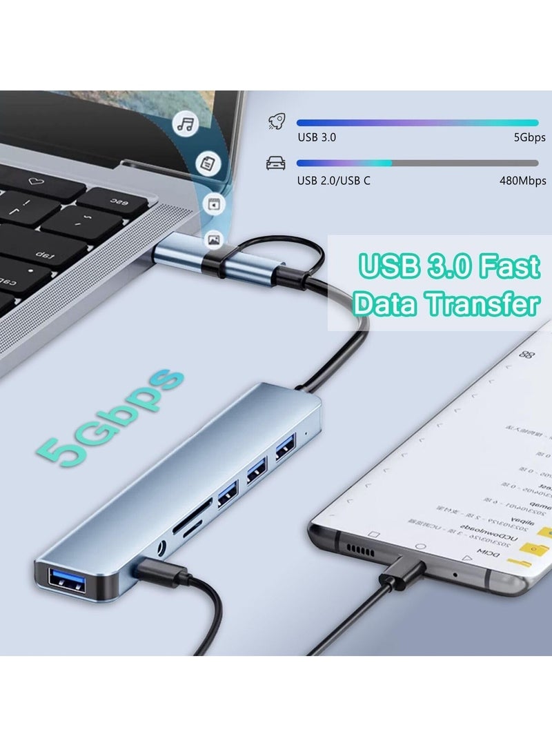 TIGER 8-in-1 Aluminum USB C Hub with USB 3.0, USB 2.0, USB C Ports, SD/TF Card Reader, 3.5mm AUX – USB Splitter for MacBook Pro/Air, PC, Laptop & Tablet Devices  - Image 3