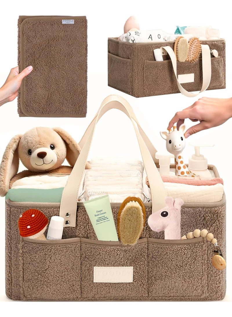 Toodly Baby Diaper Caddy Organizer with Portable Changing Mat - Teddy Fleece Diaper Organizer for Changing Table - Basket for Changing Essentials - Baby Essentials Organizer with Removable Dividers Taupe Diaper Caddy with Changing Pad  - Image 1