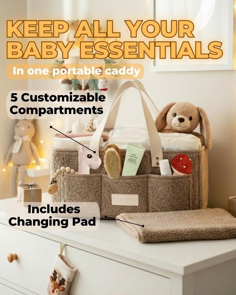 Toodly Baby Diaper Caddy Organizer with Portable Changing Mat - Teddy Fleece Diaper Organizer for Changing Table - Basket for Changing Essentials - Baby Essentials Organizer with Removable Dividers - Image 2