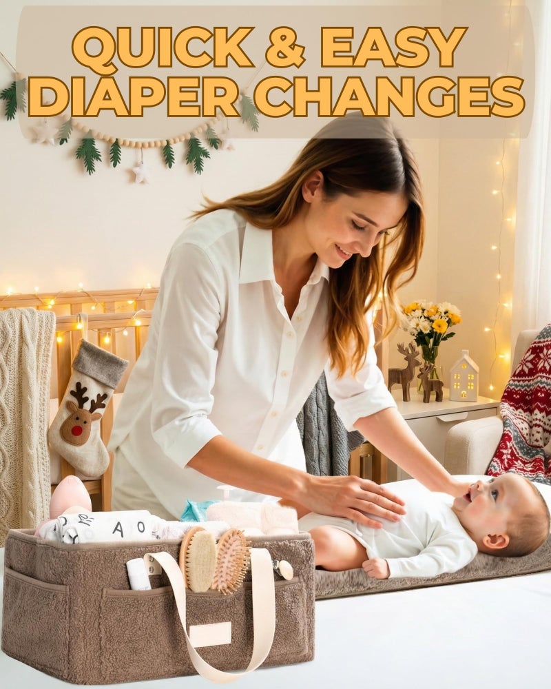 Toodly Baby Diaper Caddy Organizer with Portable Changing Mat - Teddy Fleece Diaper Organizer for Changing Table - Basket for Changing Essentials - Baby Essentials Organizer with Removable Dividers - Image 5