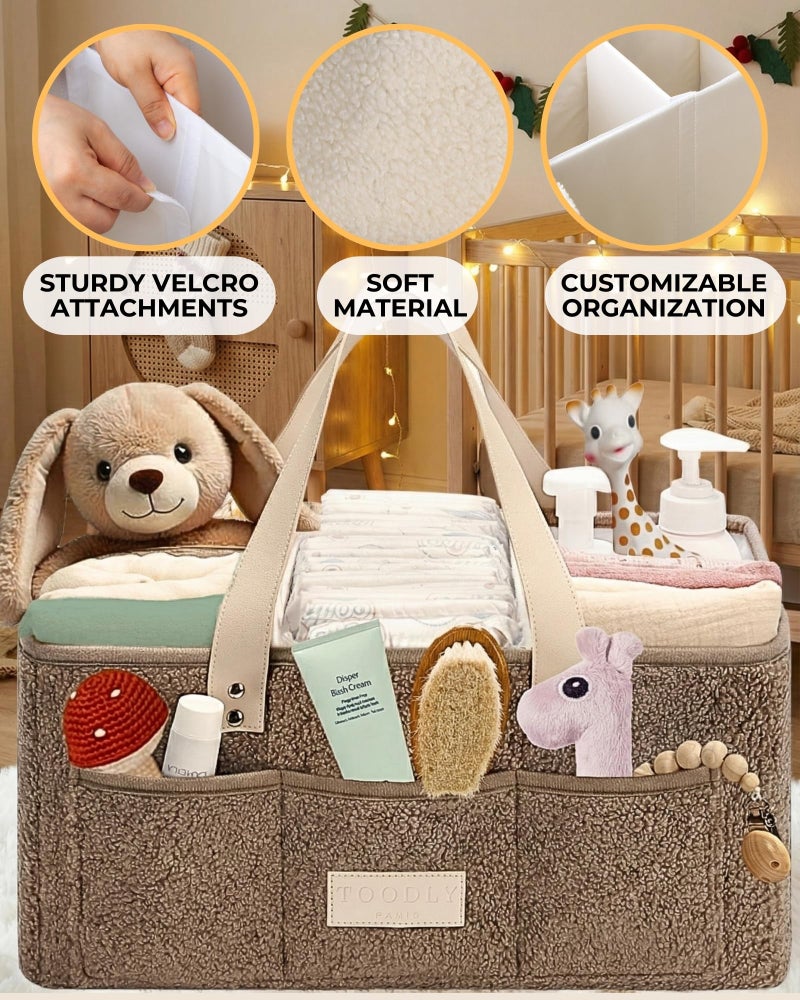 Toodly Baby Diaper Caddy Organizer with Portable Changing Mat - Teddy Fleece Diaper Organizer for Changing Table - Basket for Changing Essentials - Baby Essentials Organizer with Removable Dividers - Image 4
