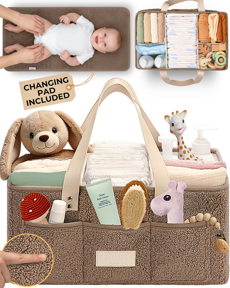 Toodly Baby Diaper Caddy Organizer with Portable Changing Mat - Teddy Fleece Diaper Organizer for Changing Table - Basket for Changing Essentials - Baby Essentials Organizer with Removable Dividers - Image 1