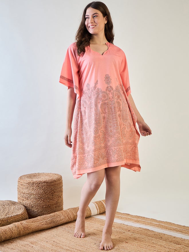The Kaftan Company Peach Paisley Mini Kaftan Nightdress - Image 2