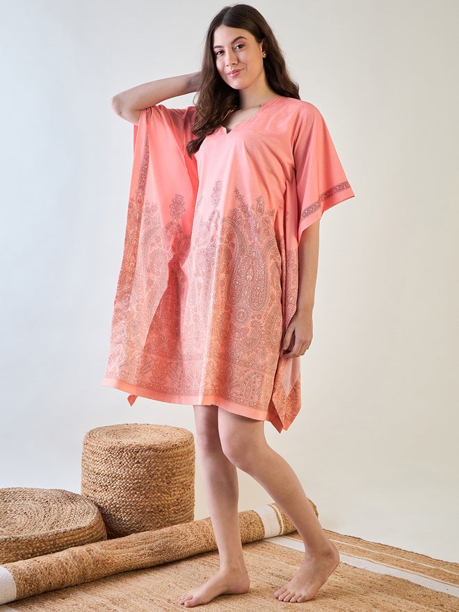 The Kaftan Company Peach Paisley Mini Kaftan Nightdress - Image 3