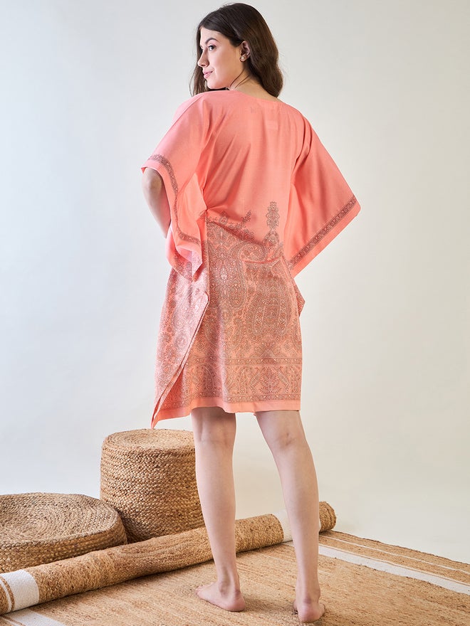 The Kaftan Company Peach Paisley Mini Kaftan Nightdress - Image 5