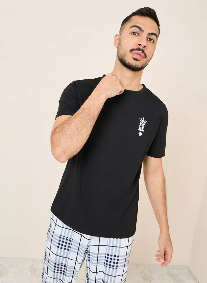 Styli King Graphic Print T-shirt and Checked Pyjama Nightwear Set
